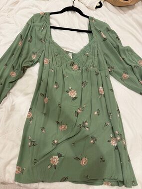 bp Green Floral Lace-Trim Long Sleeve Mini Dress